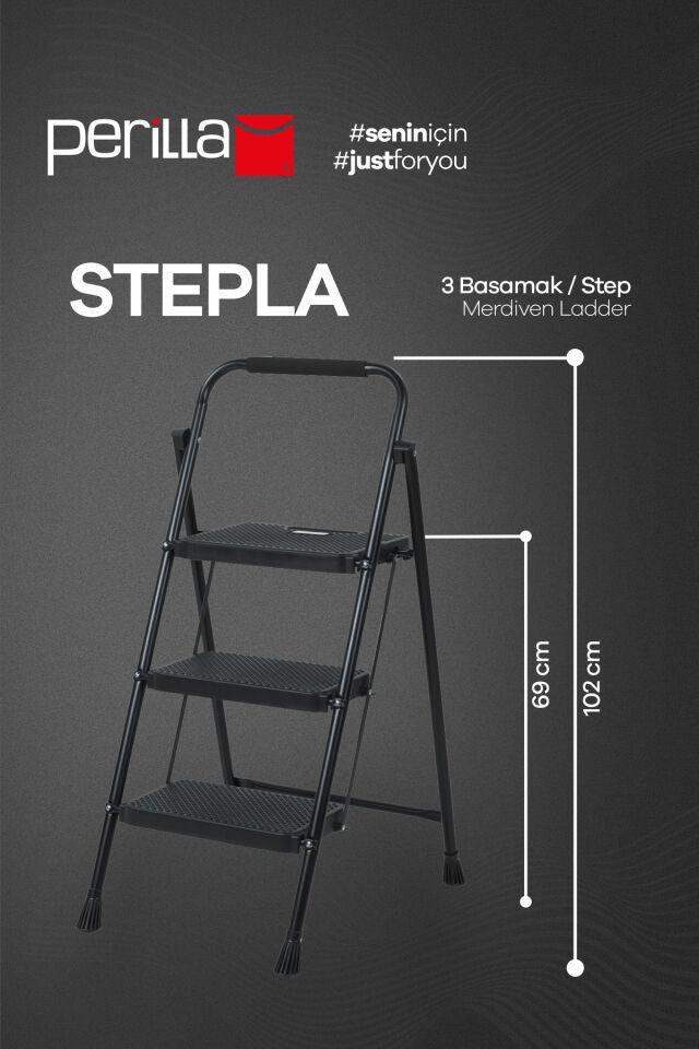 Perilla 51403 Stepla Geniş 3 Basamaklı Katlanır Merdiven Eurotower Siyah