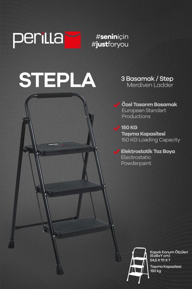 Perilla 51403 Stepla Geniş 3 Basamaklı Katlanır Merdiven Eurotower Siyah