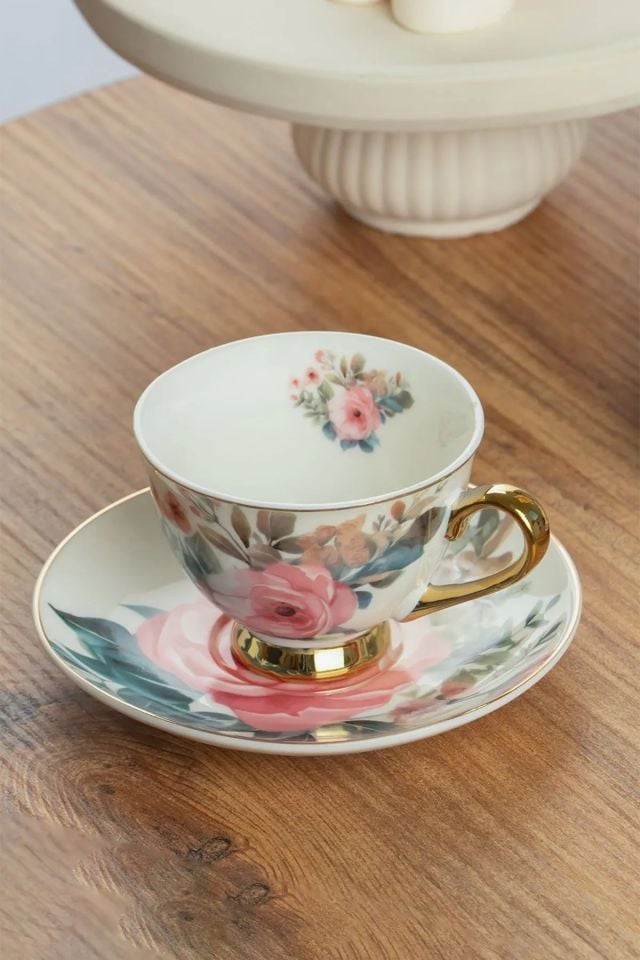 Porsima 101760 Birdy Gold Yaldızlı Desenli Fincan Takımı Porselen Türk Kahvesi 6 Kişilik 12 Parça
