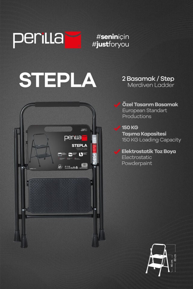 Perilla 51402 Stepla Geniş 2 Basamaklı Katlanır Merdiven Eurotower Siyah 2 Basamaklı
