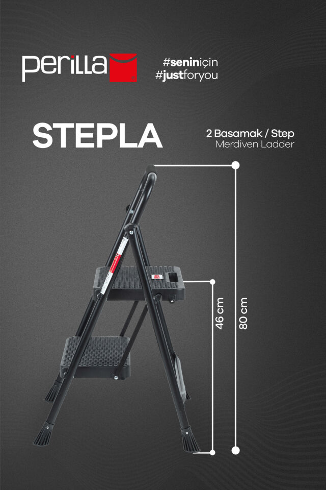 Perilla 51402 Stepla Geniş 2 Basamaklı Katlanır Merdiven Eurotower Siyah 2 Basamaklı