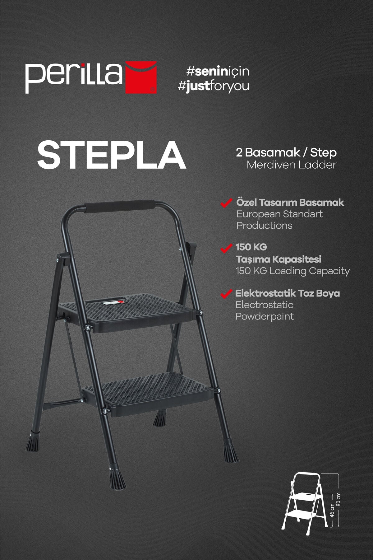 Perilla 51402 Stepla Geniş 2 Basamaklı Katlanır Merdiven Eurotower Siyah 2 Basamaklı
