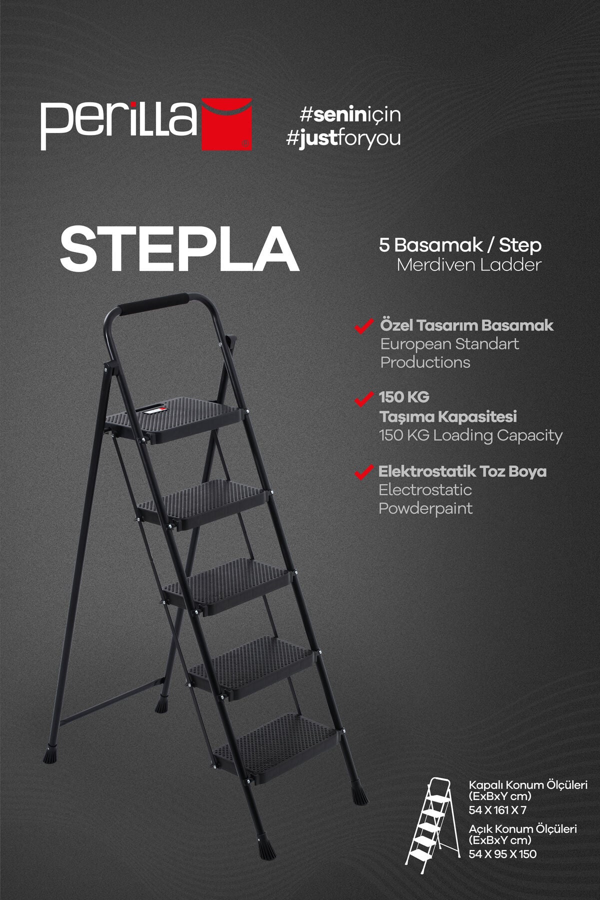 Perilla 51405 Stepla Geniş 5 Basamaklı Katlanır Merdiven Eurotower Siyah 5 Basamaklı