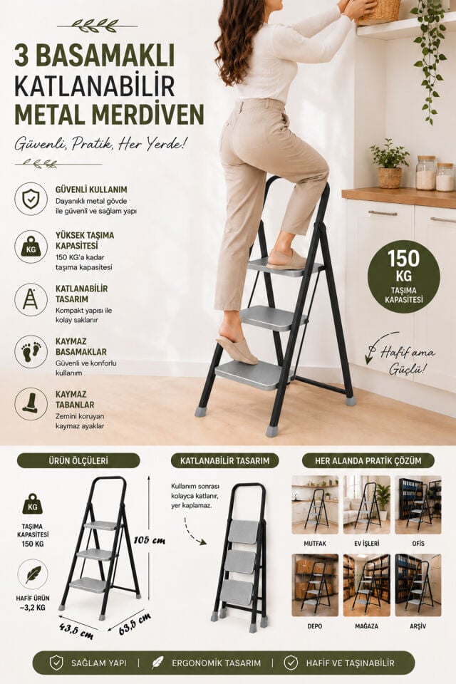 Perilla Class 3 Basamaklı Kaymaz Tabanlı Katlanır Metal Merdiven - Ekstra Güçlü