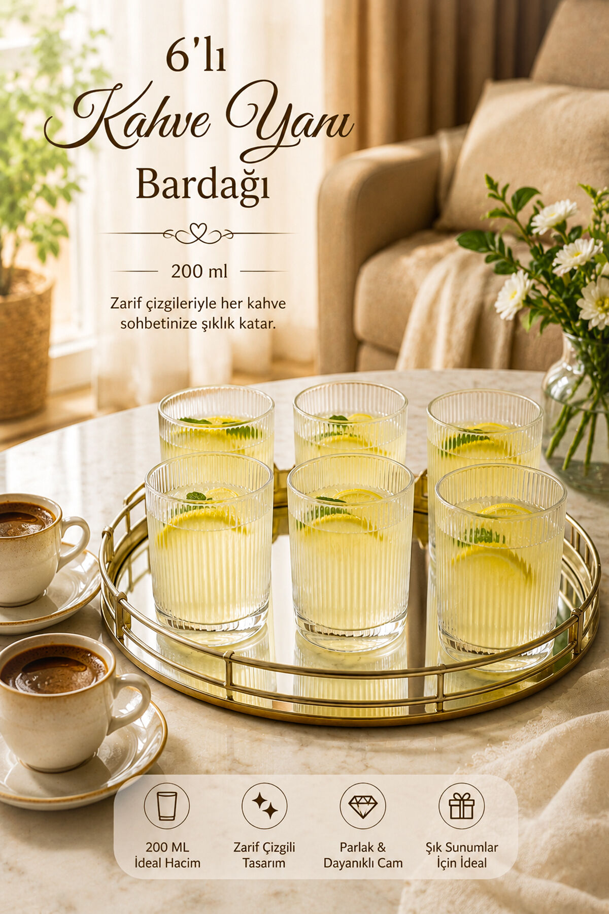 Porsima Berrak 13938-1 6'lı İnce Çizgili Cam Kahve Yanı Su Bardak Seti – 200 ml / cc Meşrubat & İkram Bardağı