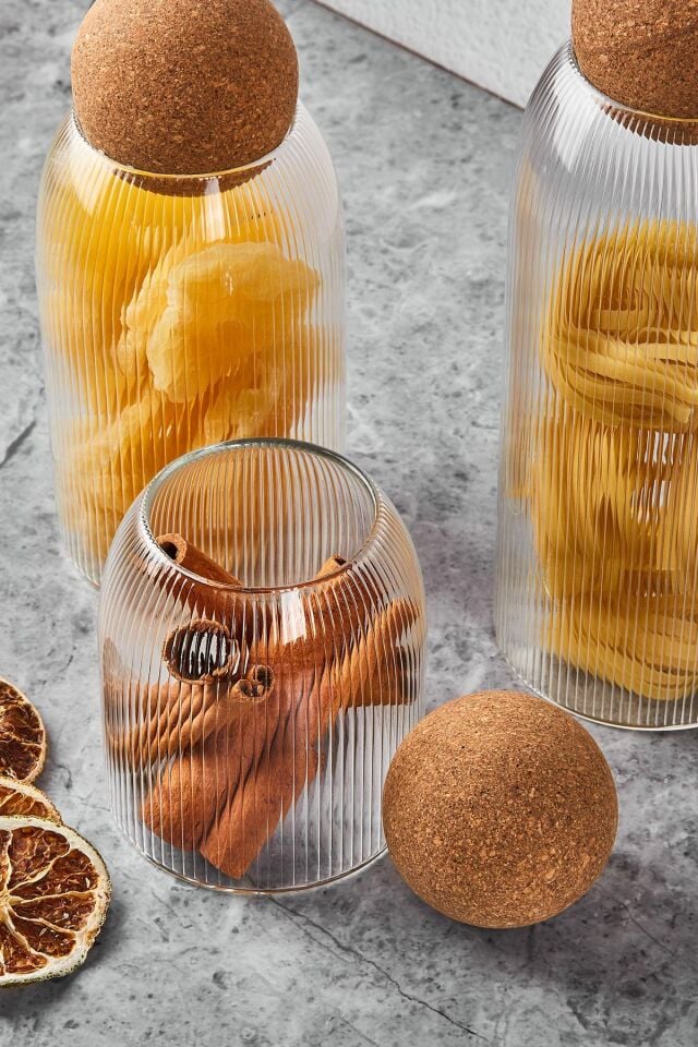 Perotti  16780 Lanford 3'lü Top Mantar Kapaklı Borosilikat Cam Kavanoz Ve Baharatlık Seti