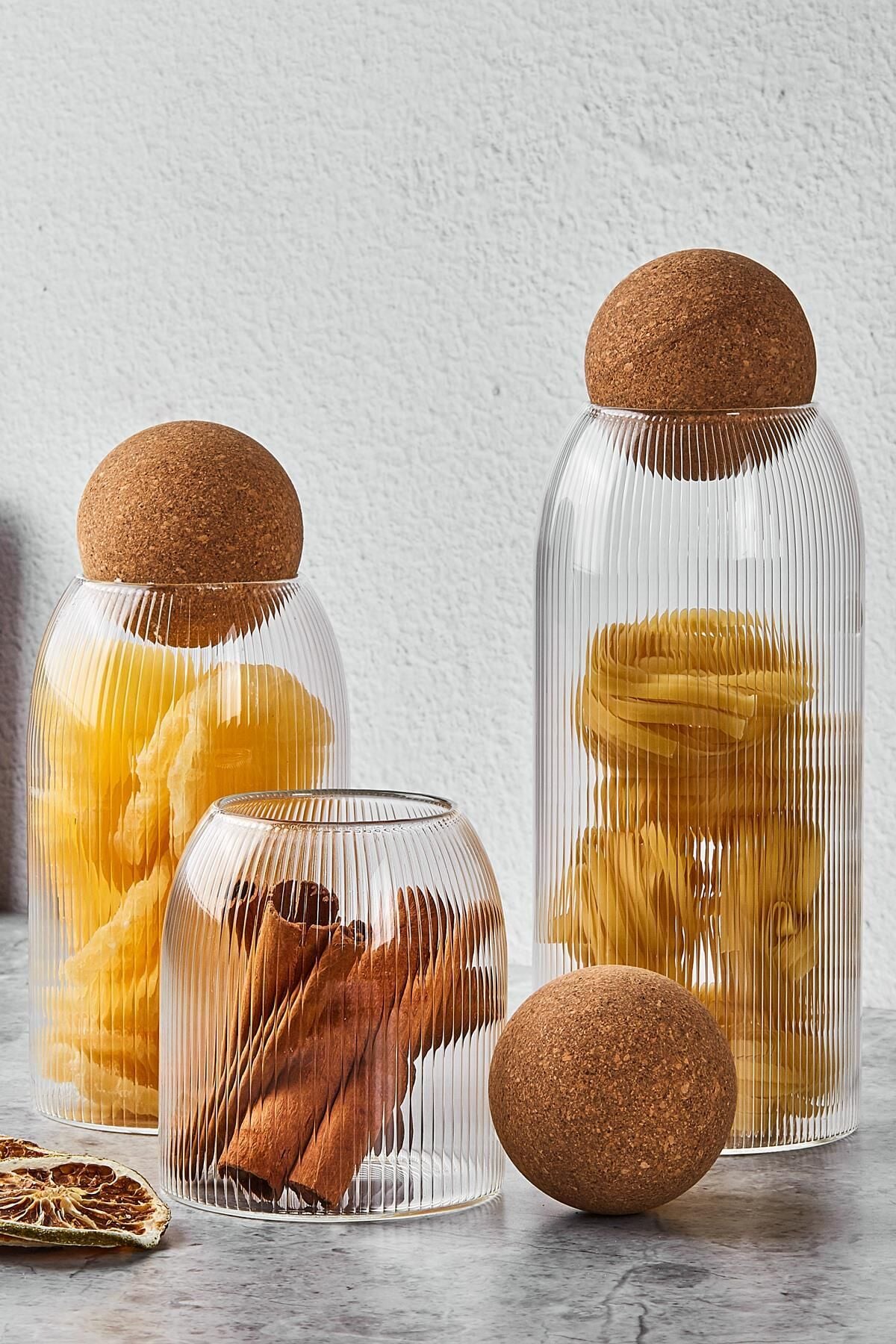 Perotti  16780 Lanford 3'lü Top Mantar Kapaklı Borosilikat Cam Kavanoz Ve Baharatlık Seti