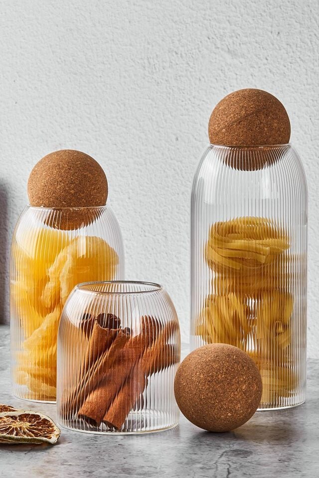 Perotti  16780 Lanford 3'lü Top Mantar Kapaklı Borosilikat Cam Kavanoz Ve Baharatlık Seti