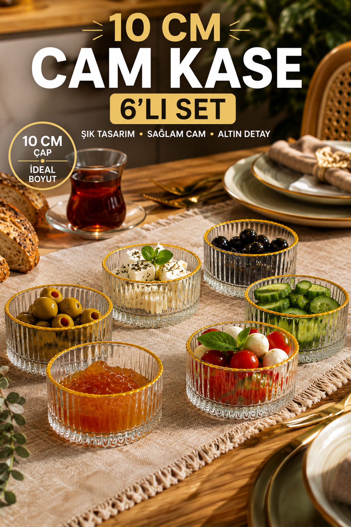 Porsima 13879-1 Vanes Sakura Gold Yaldızlı 6'lı Cam Kase Seti 10 cm – Çerezlik, Reçellik, Kahvaltılık ve Tatlı Kasesi