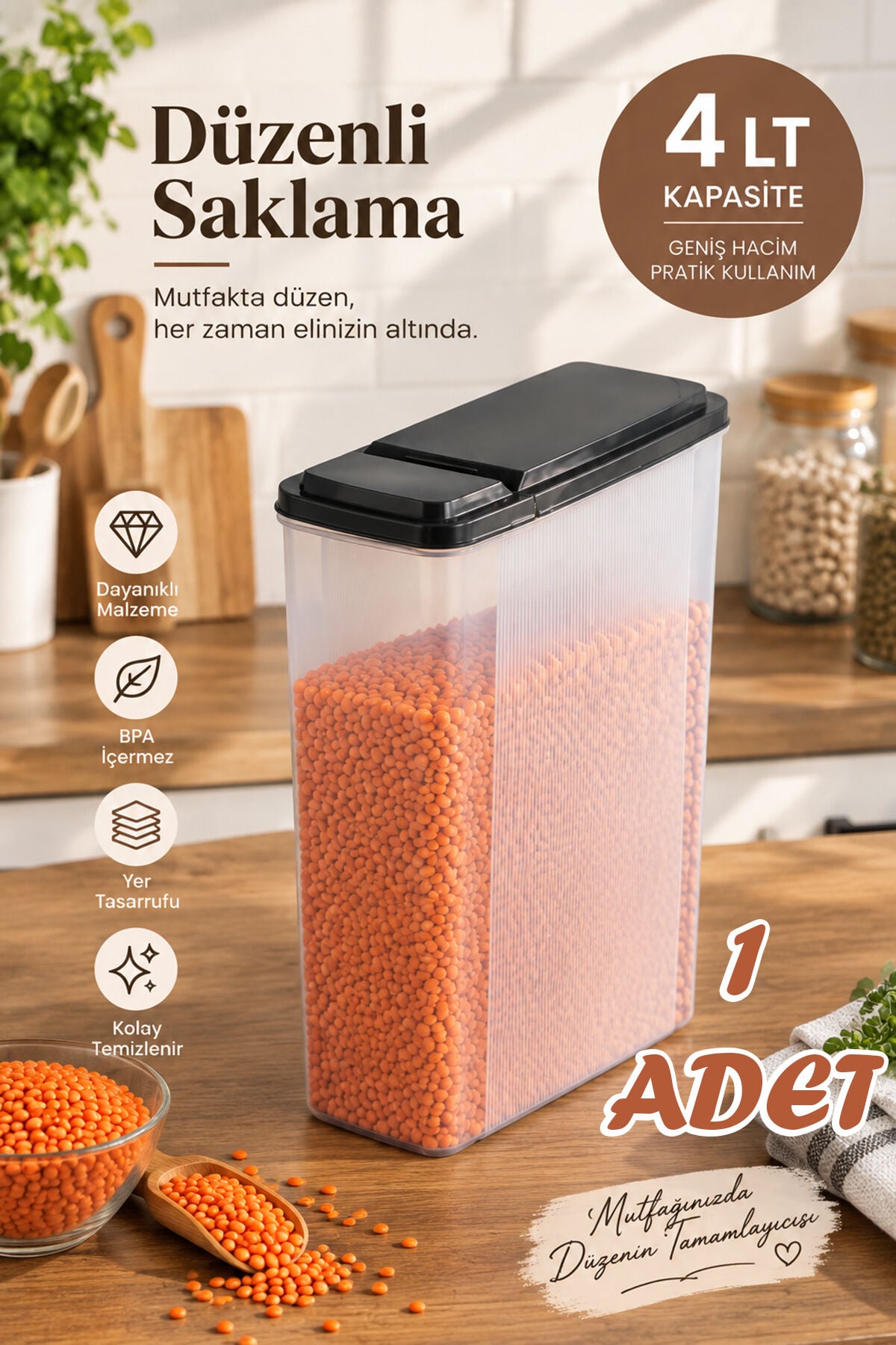 Porsima Ak-571 4 Lt Şeffaf Erzak Kabı – Ölçü Çizgili, Pratik Açılır Siyah Kapaklı Kuru Gıda & Bakliyat Saklama Kabı