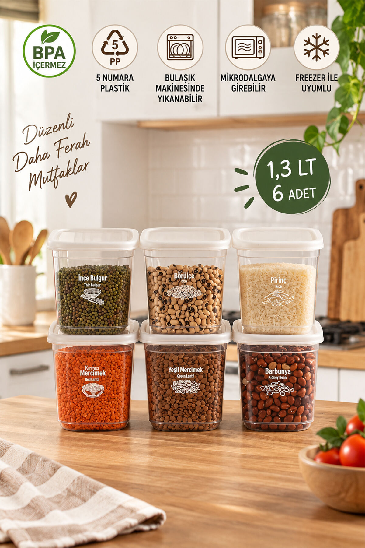 Porsima 4519 6'lı Set 1.3 Litre Şeffaf Erzak Saklama Kabı - Mutfak & Bakliyat Düzenleyici