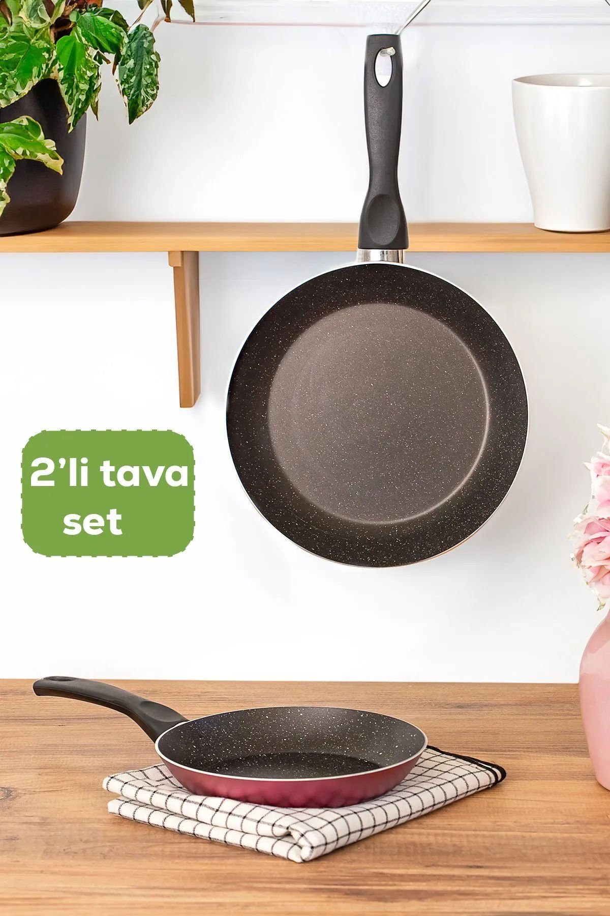Papilla 2 Li Yanmaz Yapışmaz Tek Kulplu Alüminyum Tava Seti Kızartma Yumurta Tavası 20-24 cm Fuşya