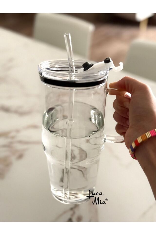 Porsima Mia Lm-0003 Laletta Mika Kapaklı Cam Pipetli Cam Termos Bardak 1200 Ml