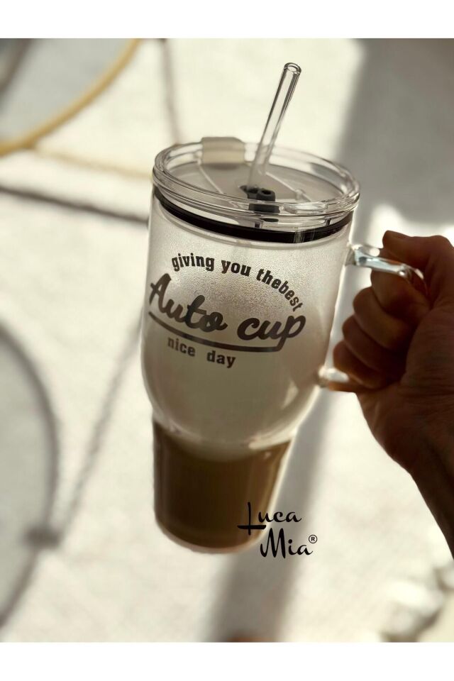 Porsima Mia Lm-0003 Laletta Mika Kapaklı Cam Pipetli Cam Termos Bardak 1200 Ml