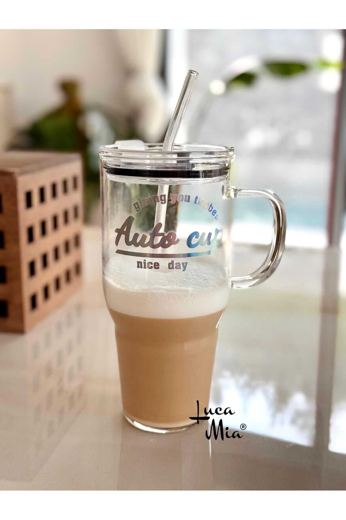 Porsima Mia Lm-0003 Laletta Mika Kapaklı Cam Pipetli Cam Termos Bardak 1200 Ml