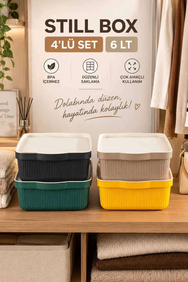 Porsima 4517 Mix Still Box 4'lü Kapaklı Saklama Kabı Seti – 6 LT Mutfak, Buzdolabı & Dolap İçi Düzenleyici Kutu