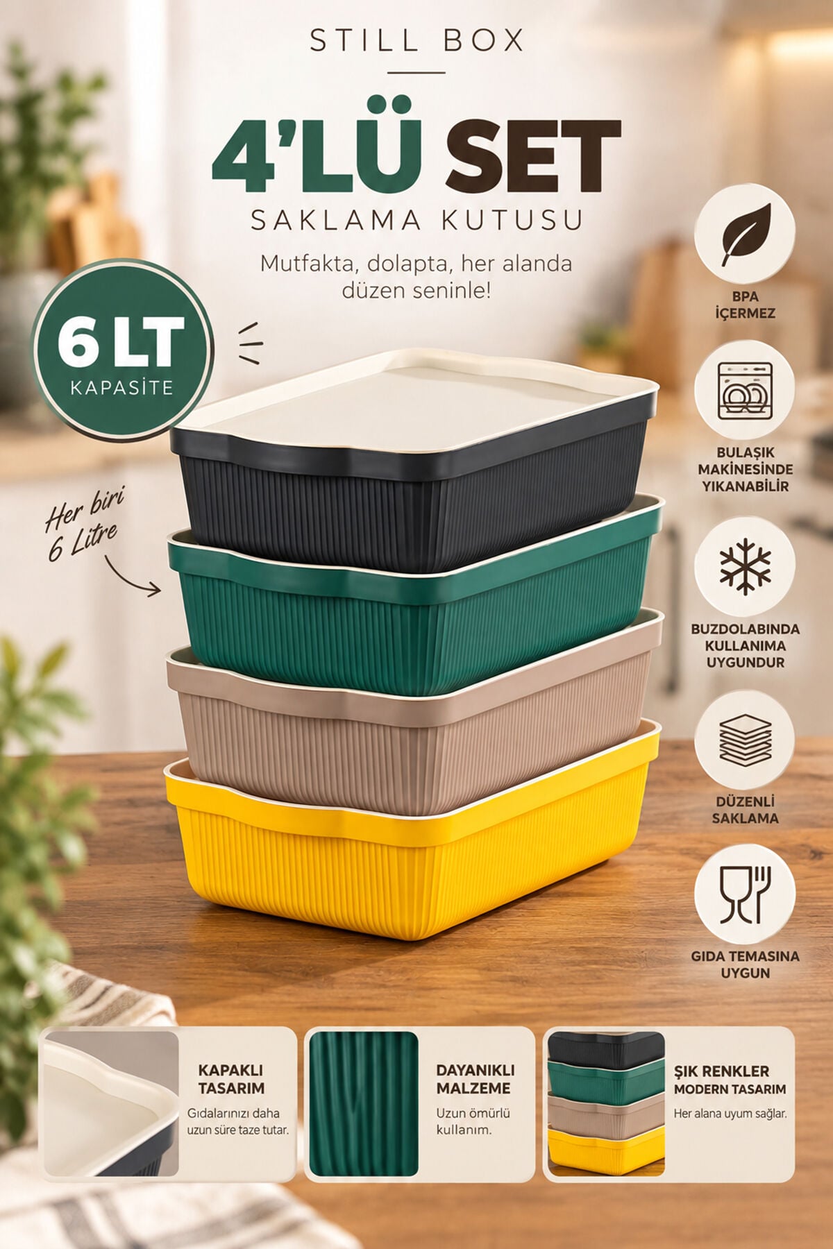 Porsima 4517 Mix Still Box 4'lü Kapaklı Saklama Kabı Seti – 6 LT Mutfak, Buzdolabı & Dolap İçi Düzenleyici Kutu