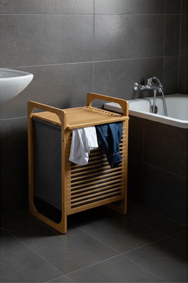 Porsima Pbt-350 Ahşap Bambu Kirli Sepeti Çok Amaçlı Banyo Düzenleyici Kirli Çamaşır Sepeti Organizeri