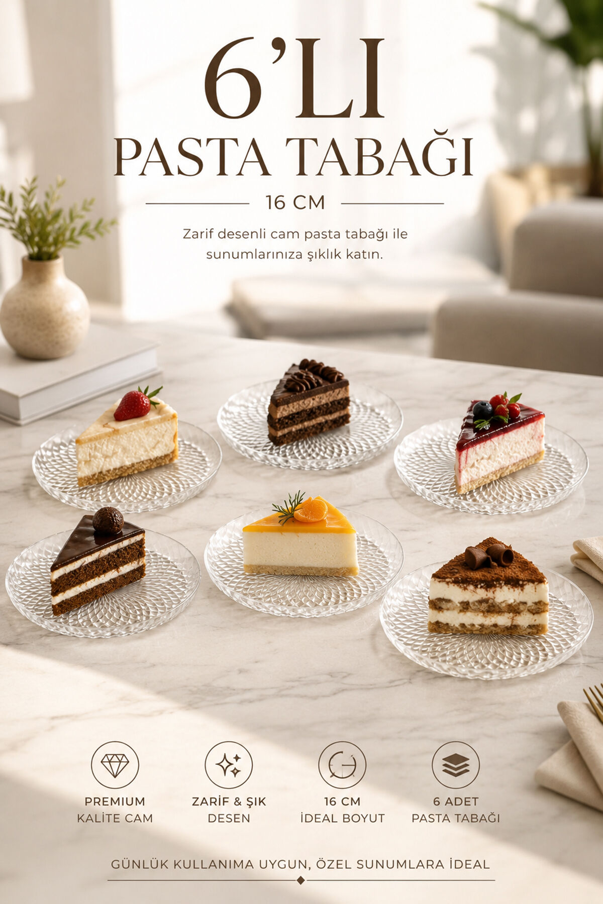 Porsima Tokyo 10788 6'lı Desenli Cam Pasta Tabak Seti – 16 cm Tatlı & İkram Tabağı