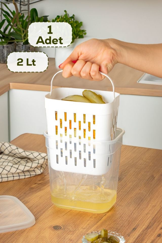 Porsima 1045 Süzgeçli Turşuluk Zeytinlik Çok Amaçlı Dikdörtgen Saklama Kabı - 2 Lt Şeffaf