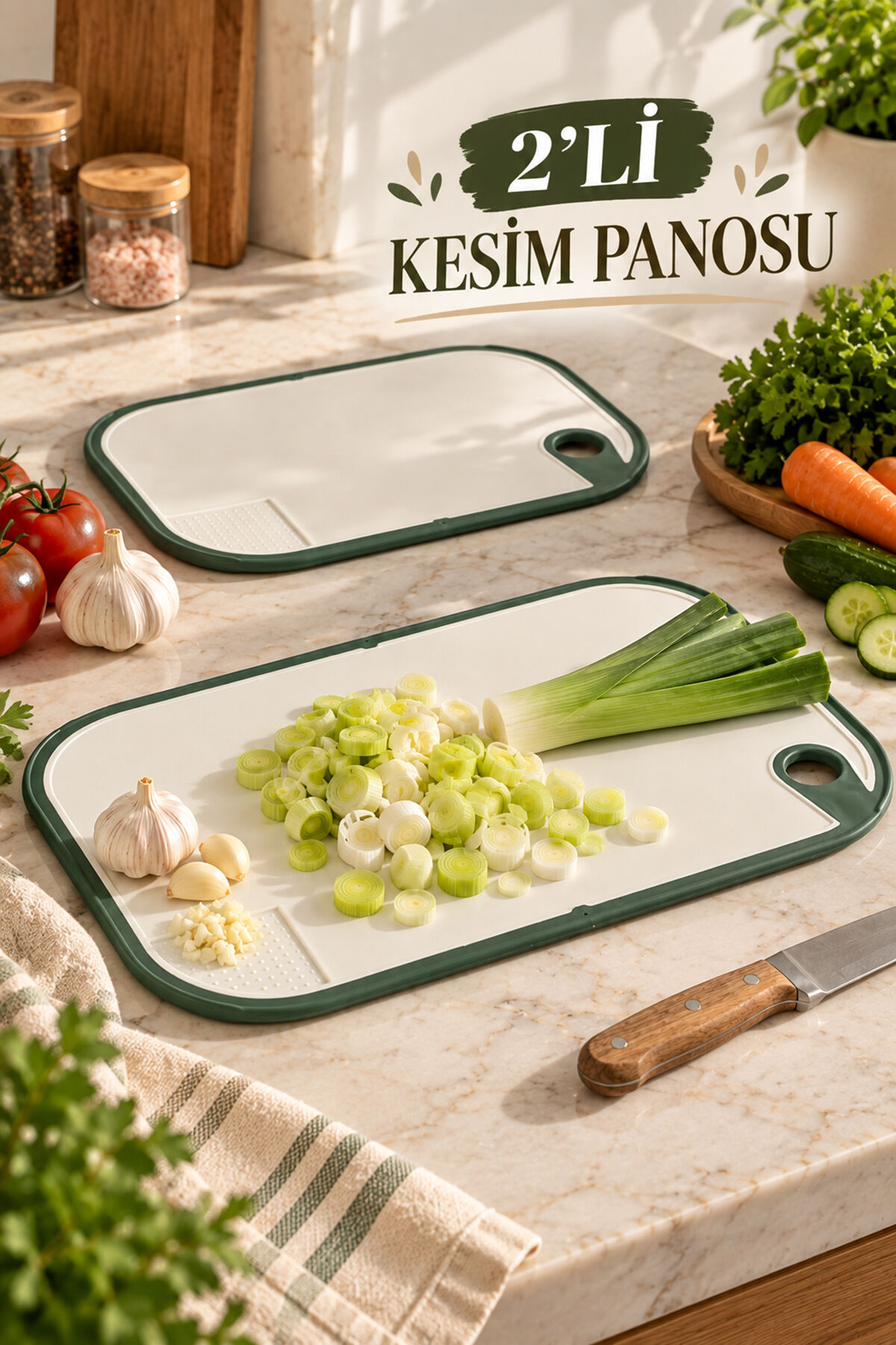 Porsima L-01009 2'li Sarımsak Rendeli Kesim Pano Seti – Kaymaz Çerçeveli Plastik Kesme Tahtası ve Sunum Tahtası