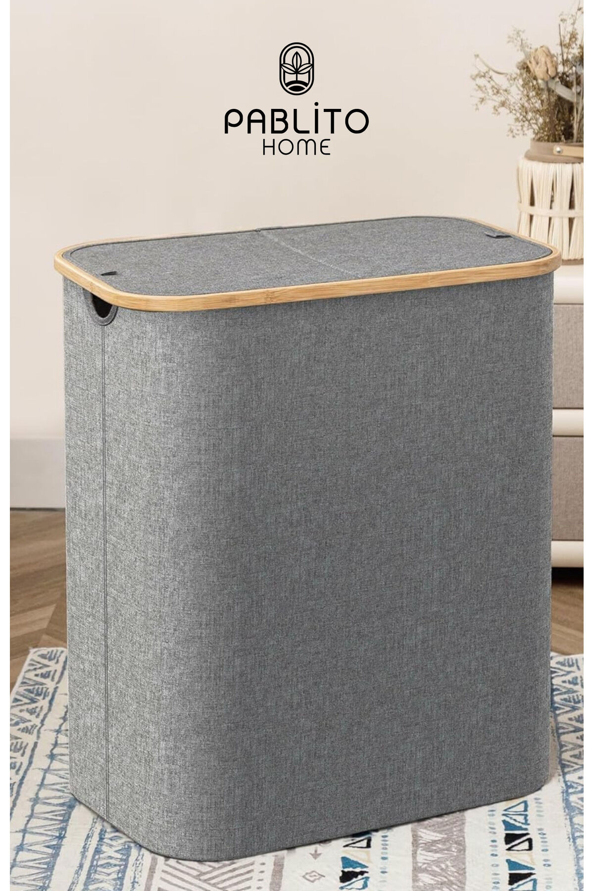 Porsima Pbt-716 Kapaklı 2 Bölmeli Katlanabilir Kirli Bamba Çamaşır Sepeti Kirli Sepeti 57x37x70cm