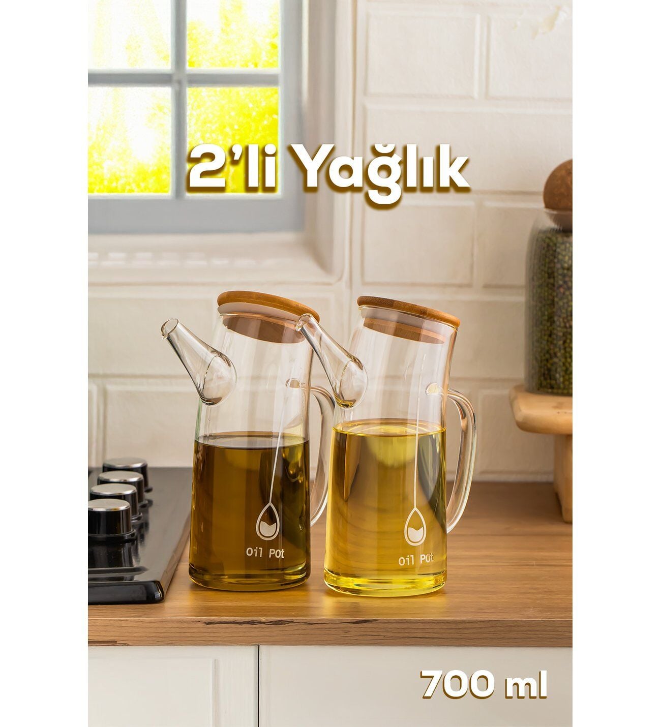 Porsima 2093 Bambu Kapaklı Vakumlu Borosilikat Cam 2li Yağdanlık Yağlık Sirkelik Seti 700ml