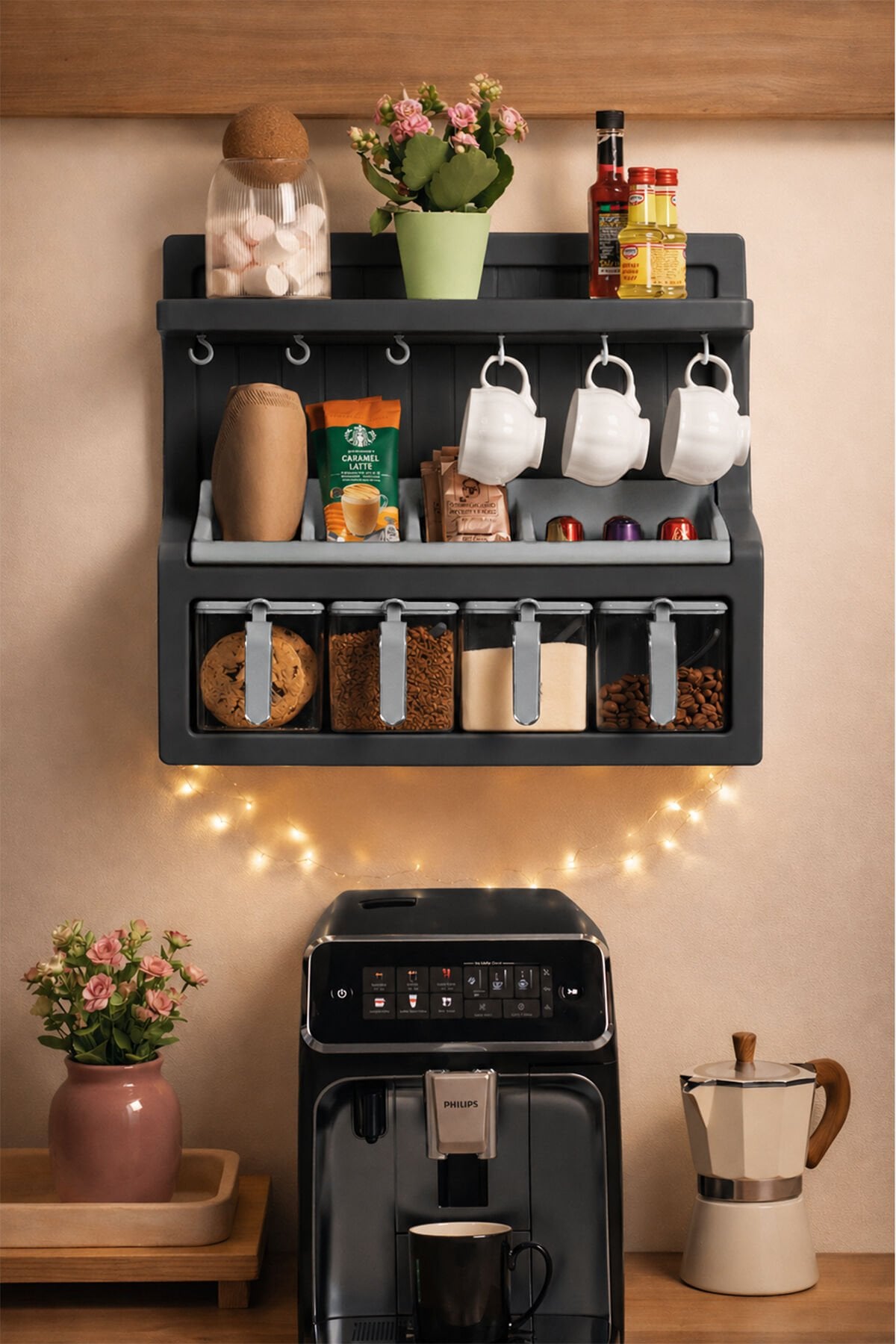 Porsima 5339 Kendinden Yapışkanlı Standlı Etiketli 4lü Kahve Köşesi Seti Kahvelik Takımı - Antrasit