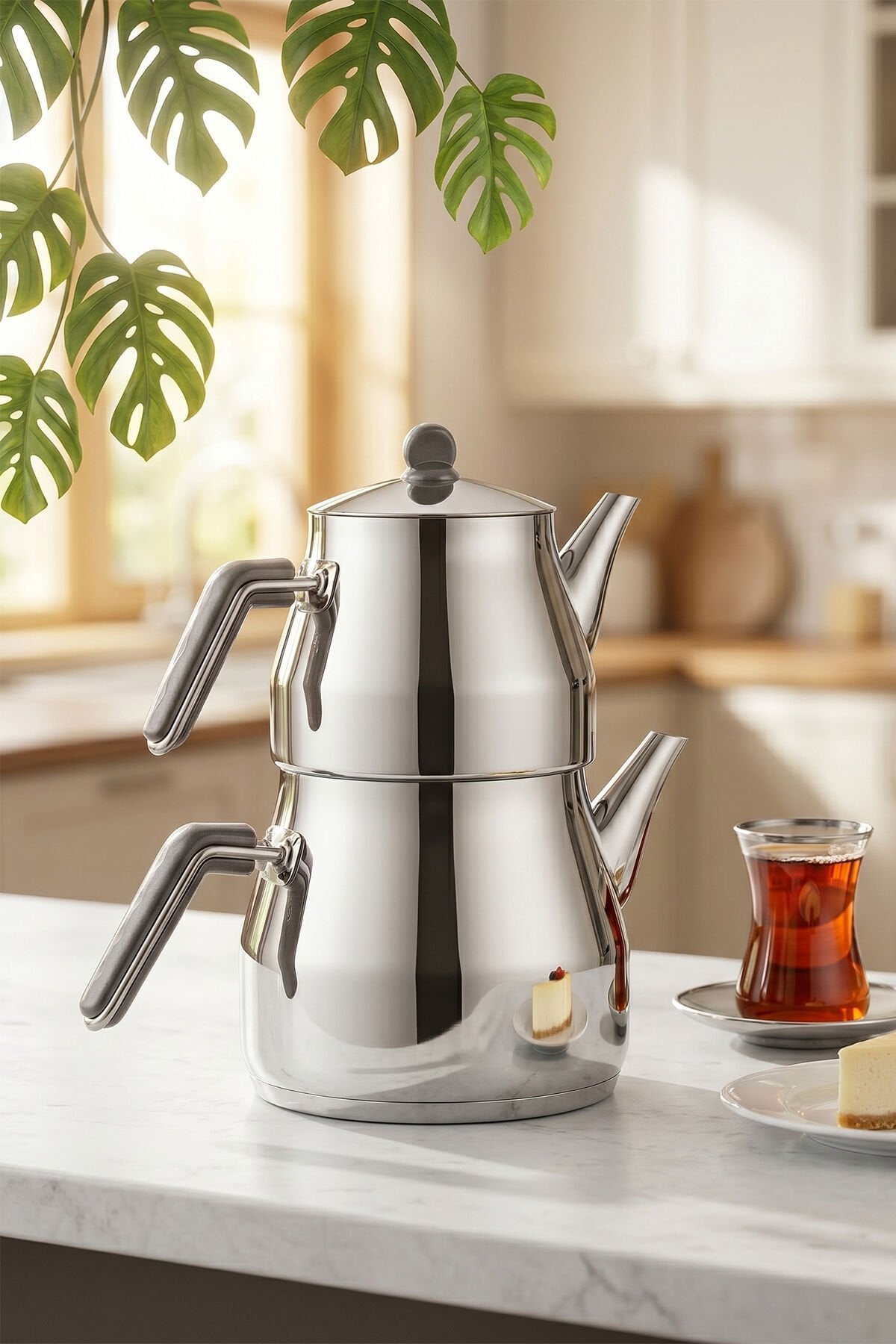 Porsima 1026 Prizma Bakalit Metal Kulp Mega Boy Paslanmaz Çelik Çaydanlık Takımı Antrasit - 2-3,40Lt