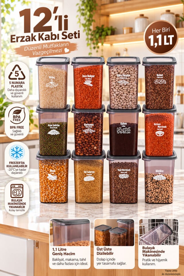 Porsima 4512 Kiler Box 12'li Kare Erzak Saklama Kabı Seti 1,1 Litre – Şeffaf Füme Bakliyat, Baharat Ve Mutfak Düzenleyici