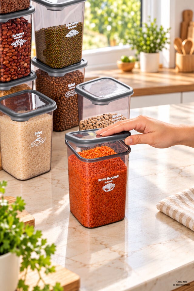 Porsima 4512 Kiler Box 12'li Kare Erzak Saklama Kabı Seti 1,1 Litre – Şeffaf Füme Bakliyat, Baharat Ve Mutfak Düzenleyici