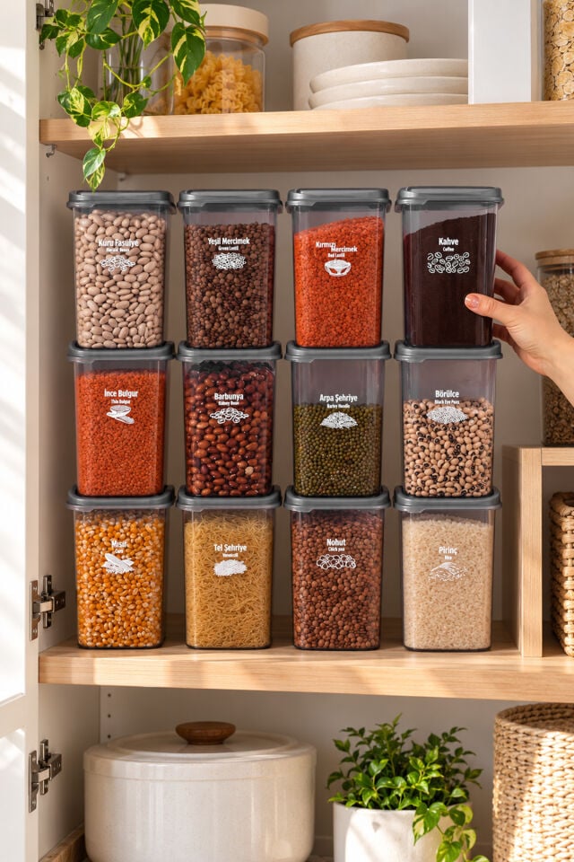 Porsima 4512 Kiler Box 12'li Kare Erzak Saklama Kabı Seti 1,1 Litre – Şeffaf Füme Bakliyat, Baharat Ve Mutfak Düzenleyici