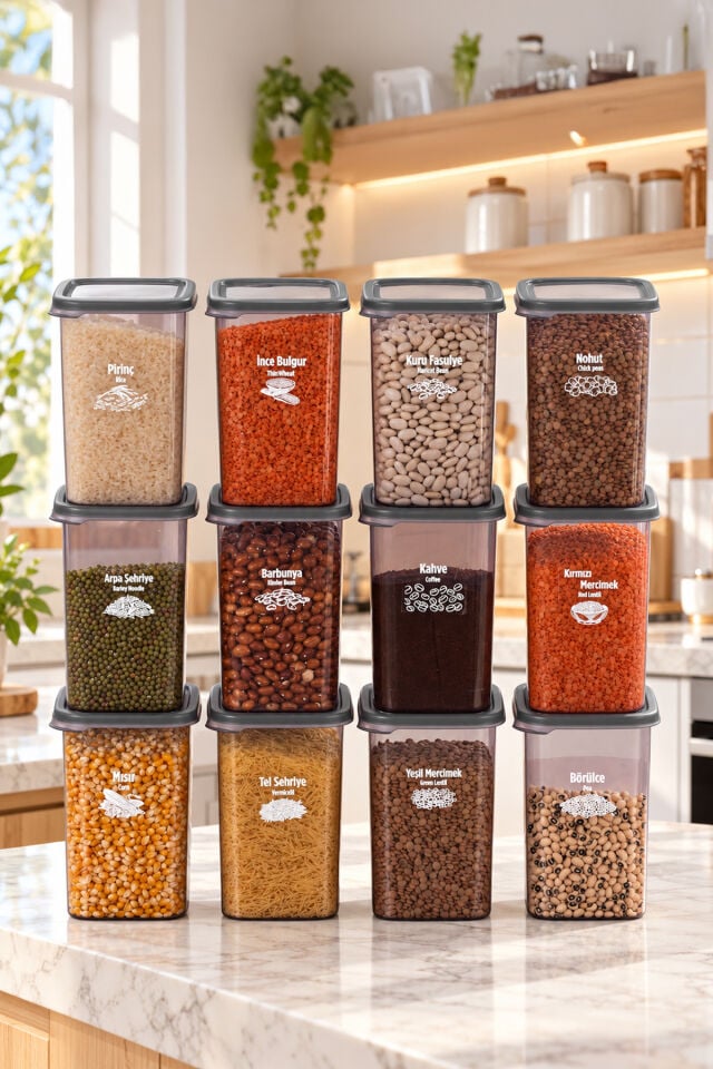 Porsima 4512 Kiler Box 12'li Kare Erzak Saklama Kabı Seti 1,1 Litre – Şeffaf Füme Bakliyat, Baharat Ve Mutfak Düzenleyici
