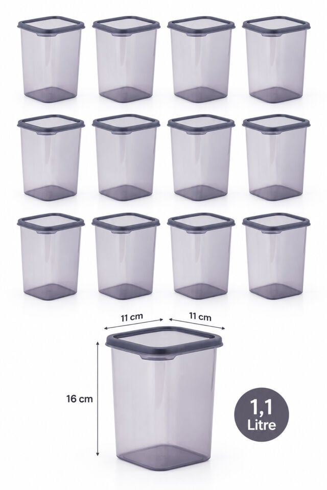 Porsima 4512 Kiler Box 12'li Kare Erzak Saklama Kabı Seti 1,1 Litre – Şeffaf Füme Bakliyat, Baharat Ve Mutfak Düzenleyici