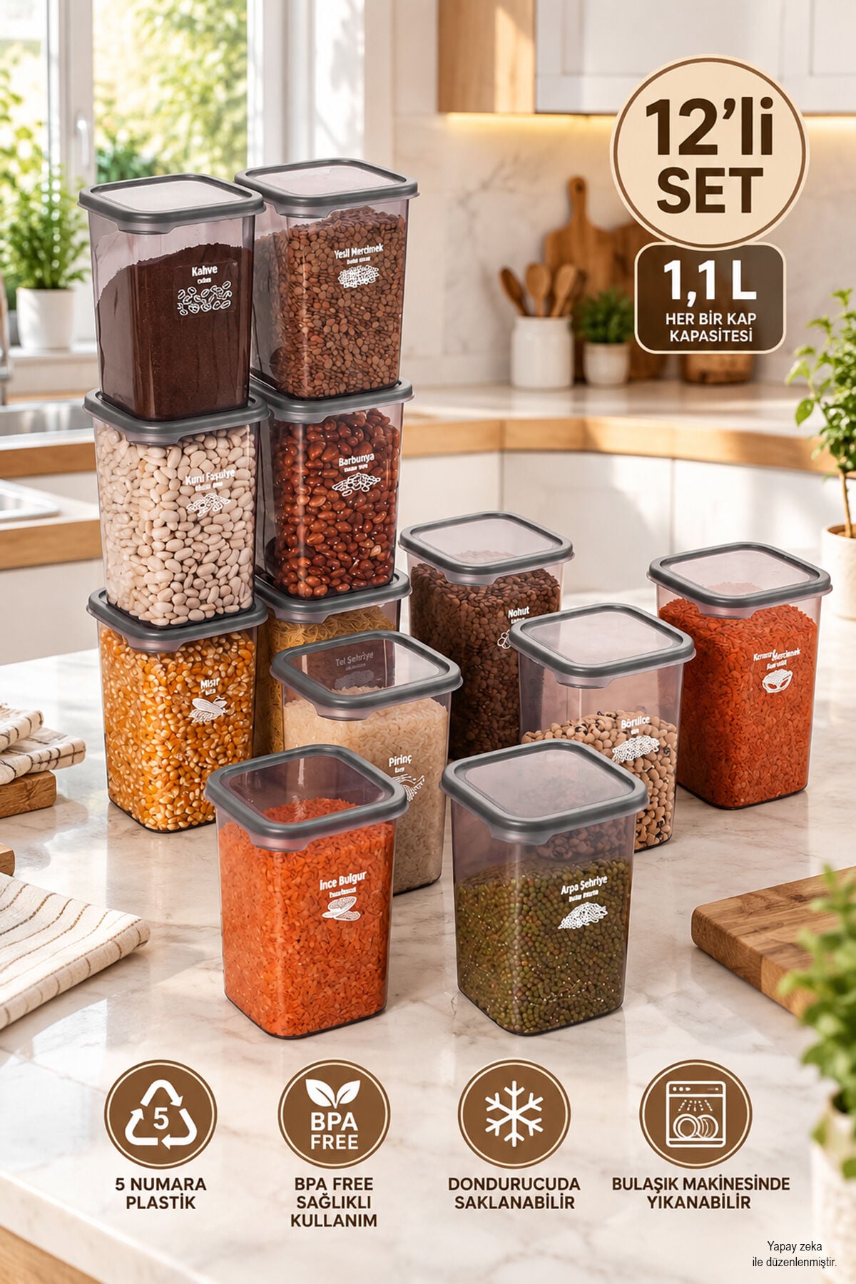 Porsima 4512 Kiler Box 12'li Kare Erzak Saklama Kabı Seti 1,1 Litre – Şeffaf Füme Bakliyat, Baharat Ve Mutfak Düzenleyici
