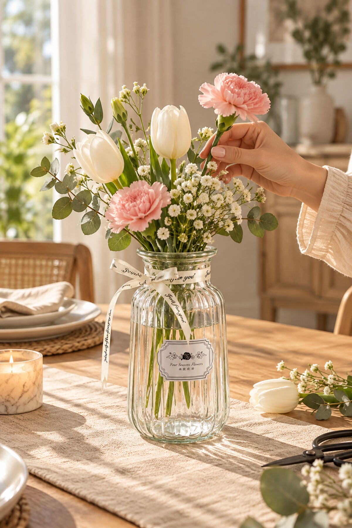 Porsima 04286 Çizgili Cam Vazo – 1300 ml Kurdele Detaylı Şeffaf Vazosu (22 cm)
