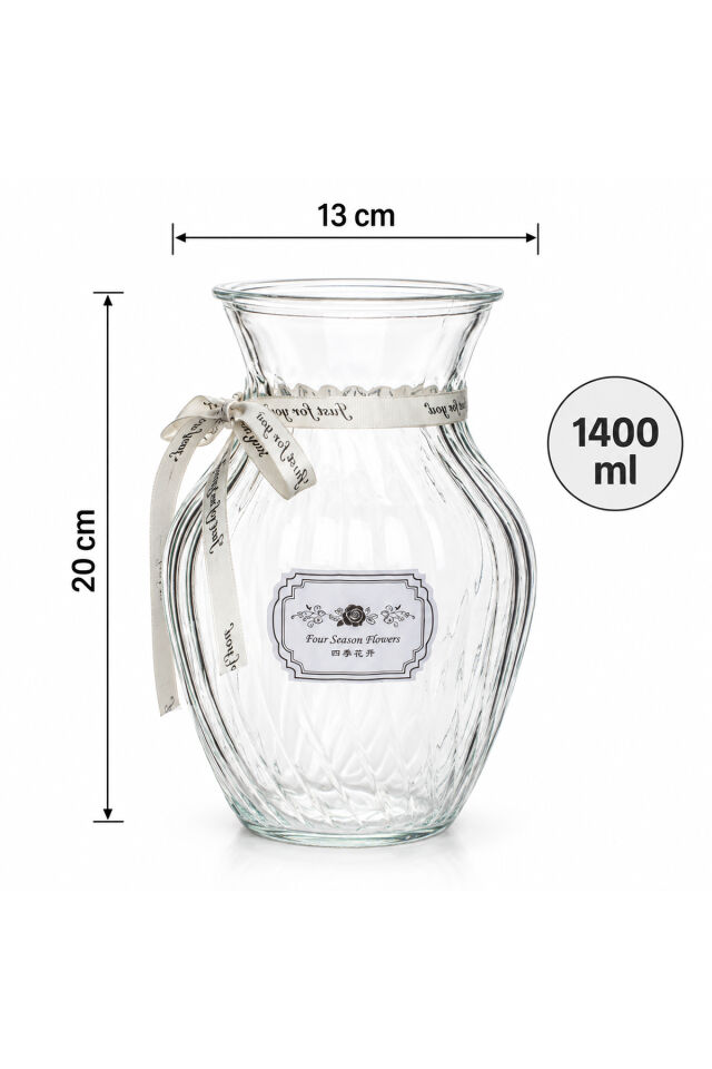 Porsima 04287 Çizgili Lale Cam Vazo – 1400 ml Kurdele Detaylı Şeffaf  Vazosu (20 cm)