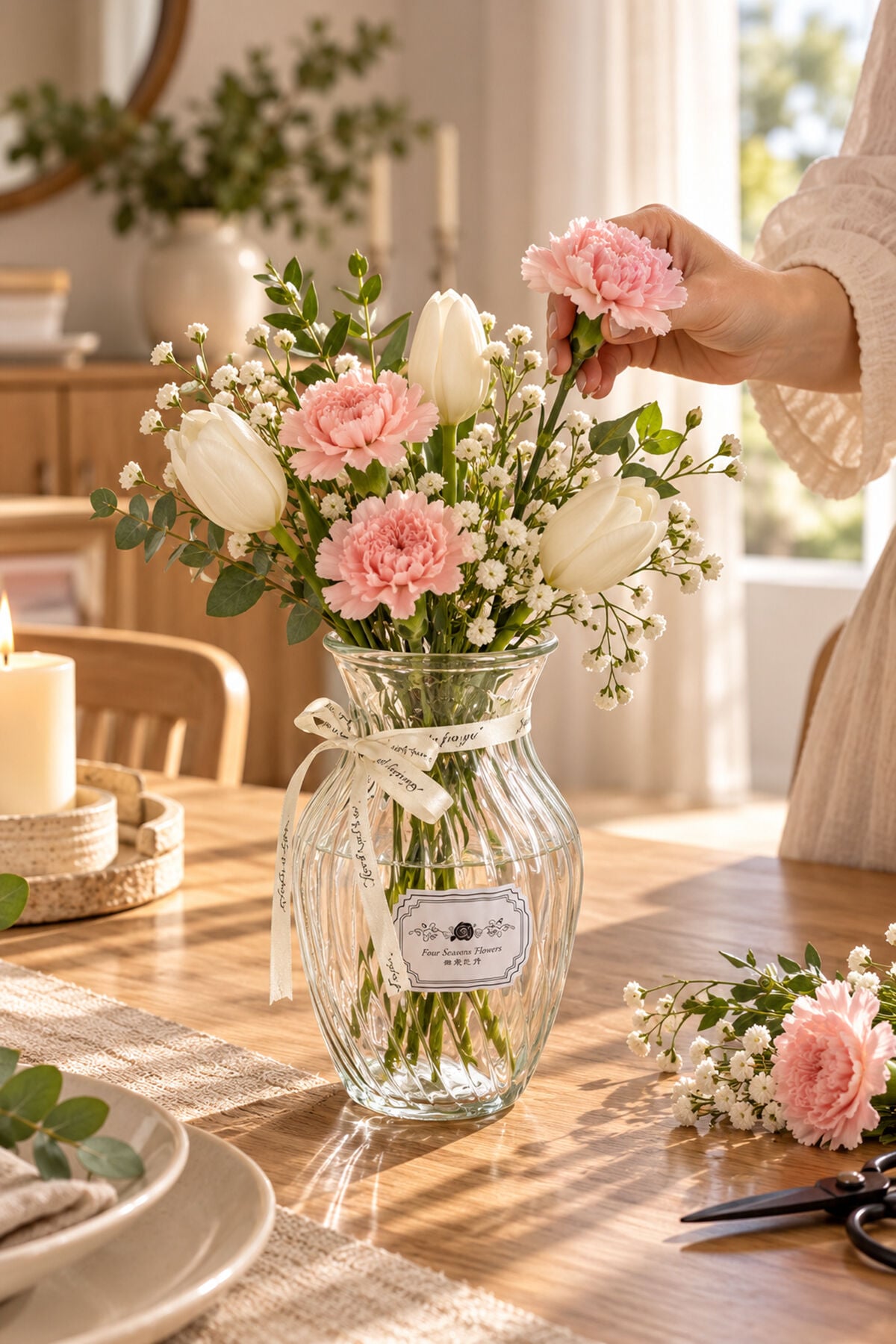 Porsima 04287 Çizgili Lale Cam Vazo – 1400 ml Kurdele Detaylı Şeffaf  Vazosu (20 cm)