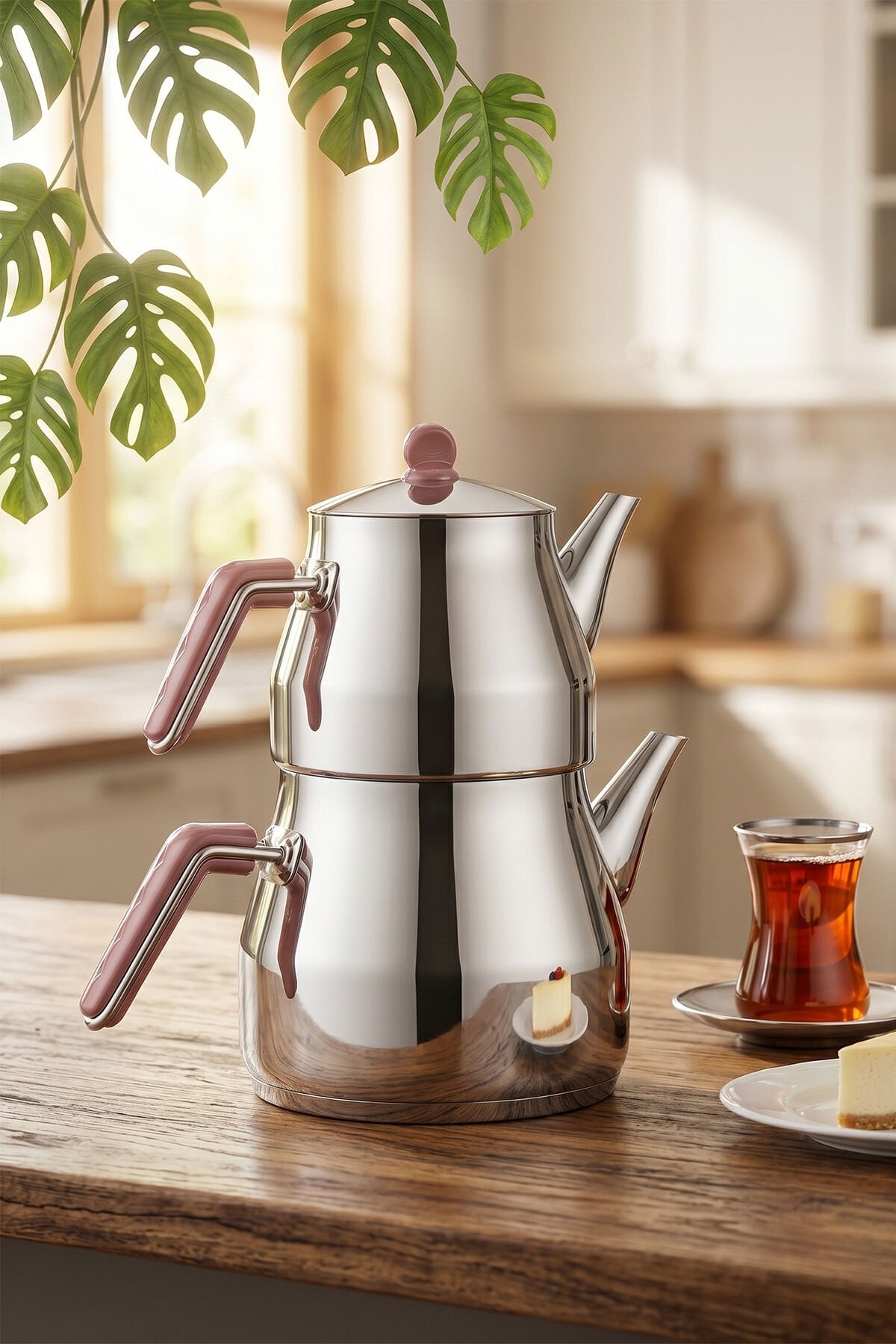 Porsima 1026-1 Prizma Bakalit Metal Kulp Mega Boy Paslanmaz Çelik Çaydanlık Takımı Rose - 2-3,40Lt