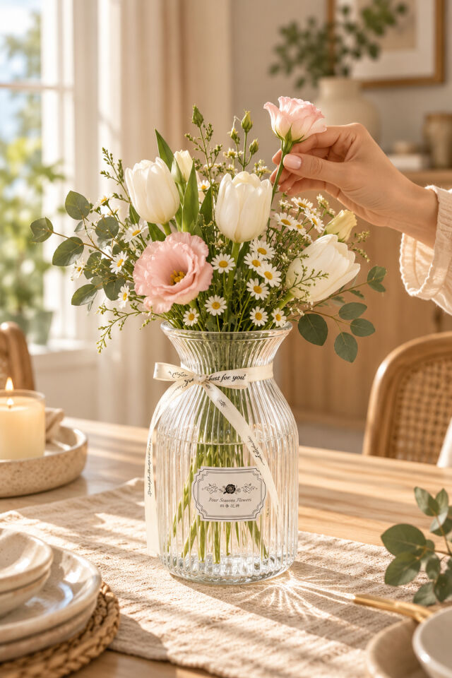 Porsima 04288 Dikey Çizgili Cam Vazo – 1400 ml Kurdele Detaylı Şeffaf Vazosu (19.5 cm)