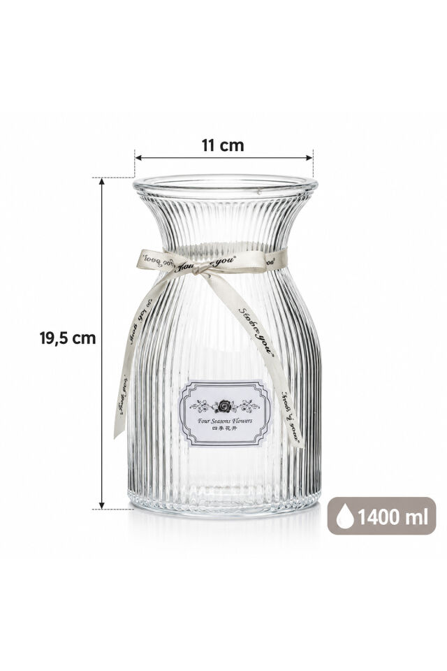 Porsima 04288 Dikey Çizgili Cam Vazo – 1400 ml Kurdele Detaylı Şeffaf Vazosu (19.5 cm)