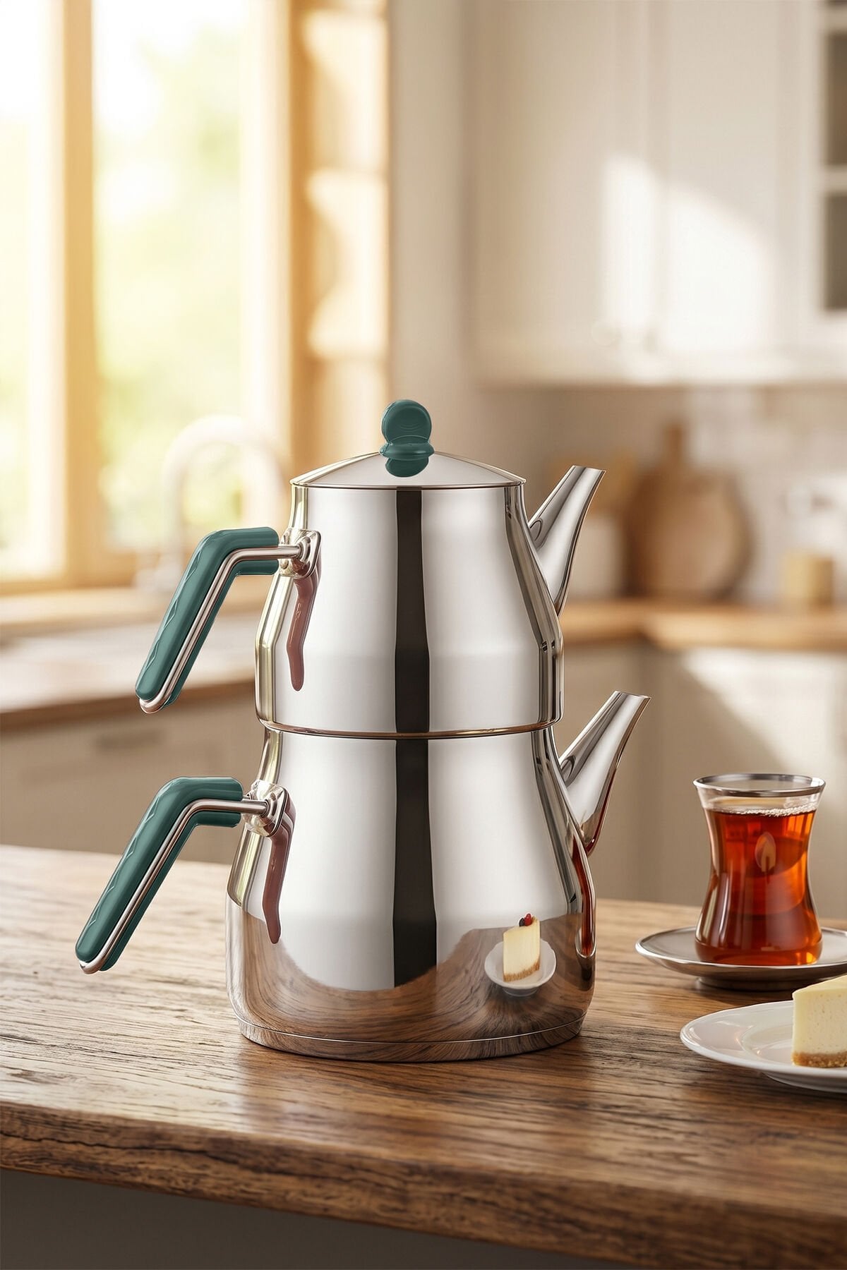 Porsima 1026-2 Prizma Bakalit Metal Kulp Mega Boy Paslanmaz Çelik Çaydanlık Takımı Yeşil - 2-3,40Lt