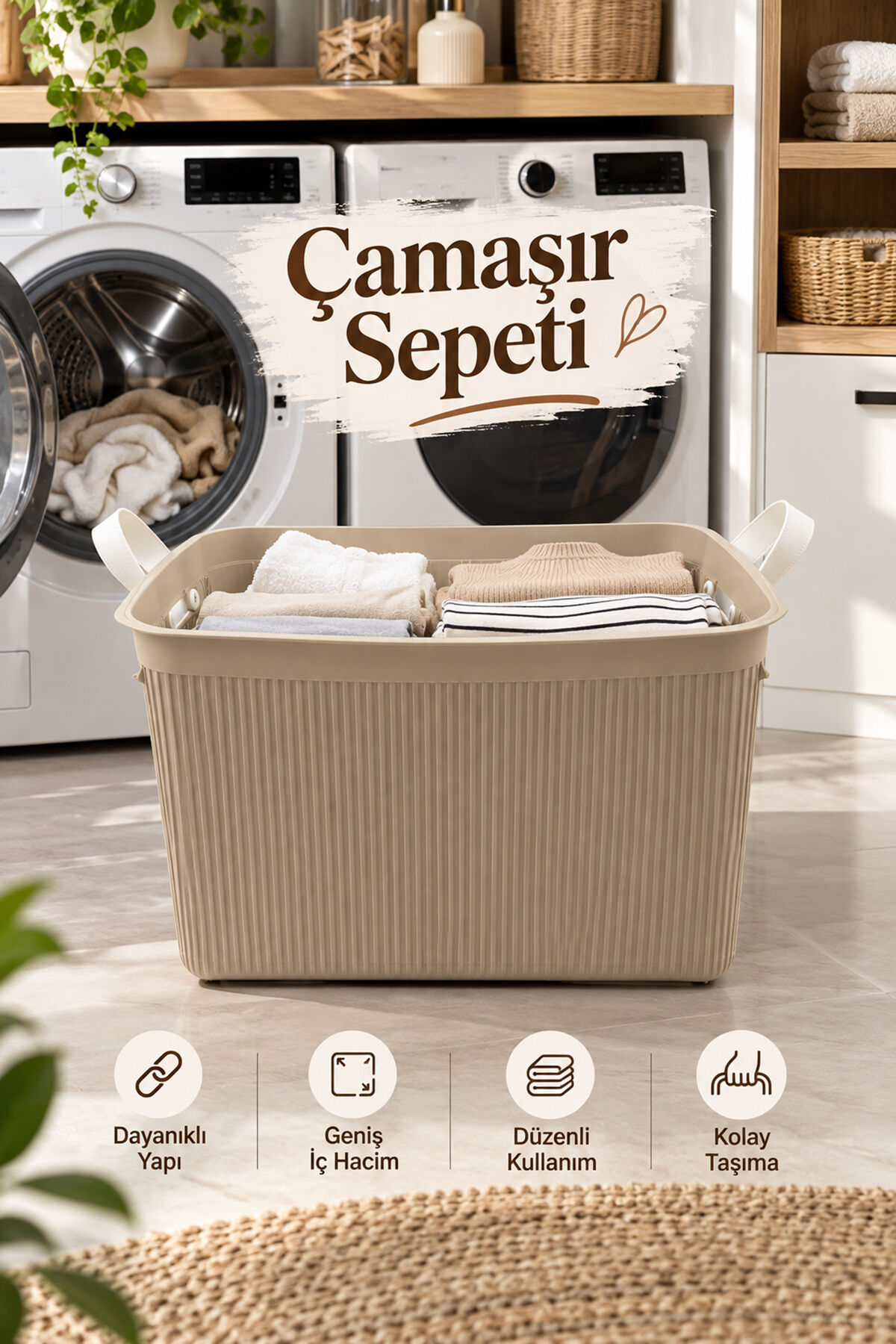 Porsima 0783-2 Still Çift Kulplu Çok Amaçlı Düzenleyici Sepet - Çamaşır, Oyuncak Ve Banyo Organizer Sepeti (Mokka)