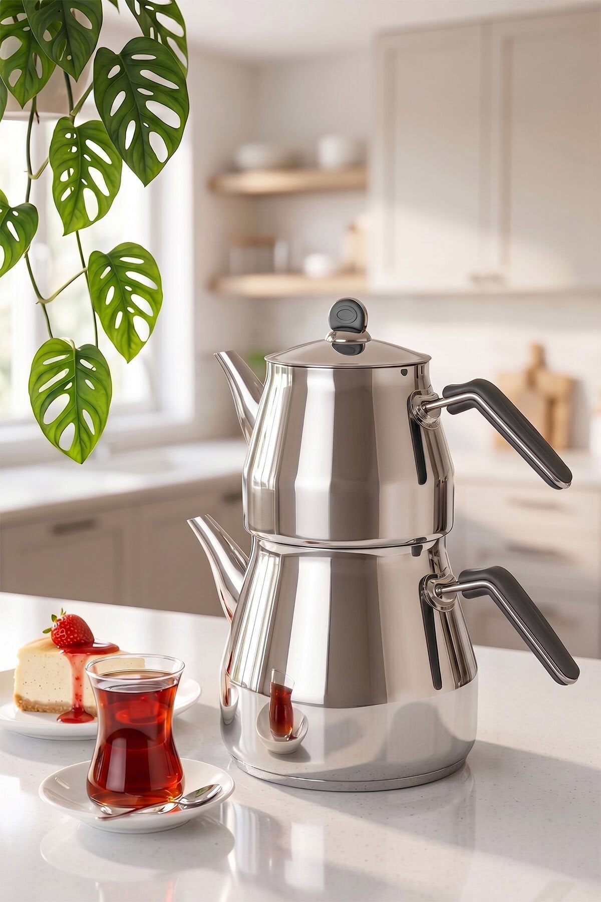 Porsima 1027 Prizma Bakalit Metal Kulp Mega Boy Paslanmaz Çelik Çaydanlık Takımı Antrasit - 2,20-4 Lt