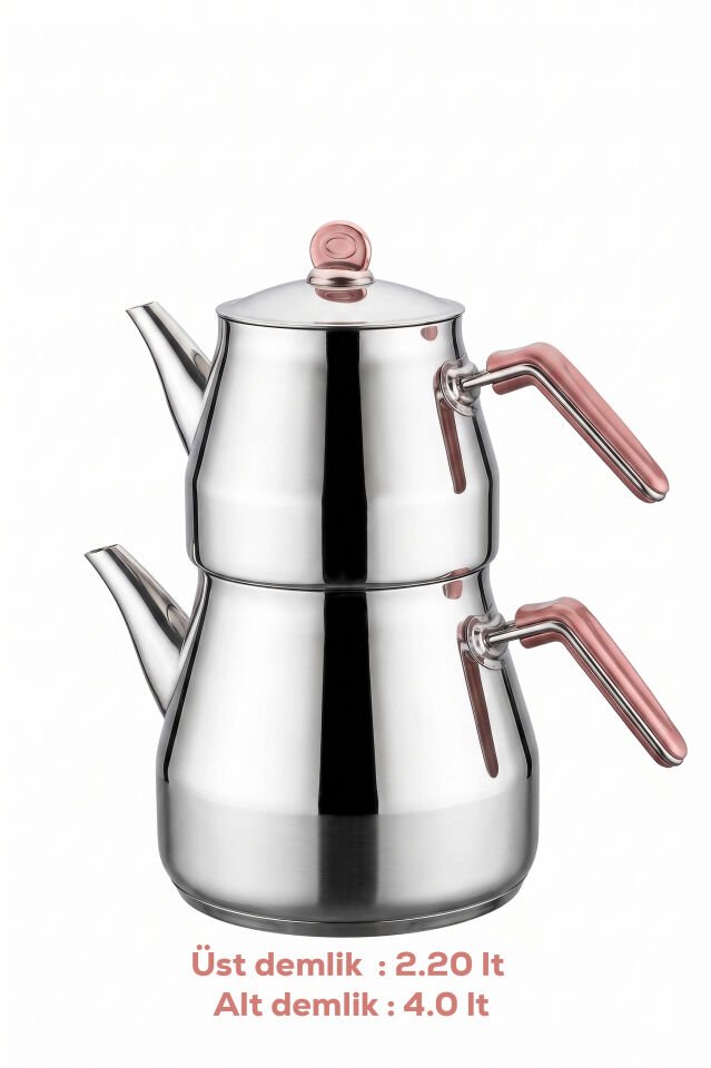 Porsima 1027-1 Prizma Bakalit Metal Kulp Mega Boy Paslanmaz Çelik Çaydanlık Takımı Rose - 2,20-4 Lt