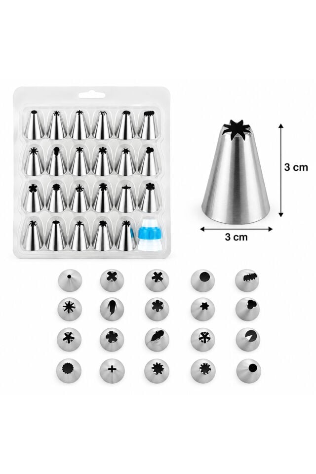 Porsima 05808 23 Parça Paslanmaz Çelik Krema Sıkma Duy Seti - Pasta, Cupcake, Tulumba Tatlısı Süsleme Uçları ve Adaptör