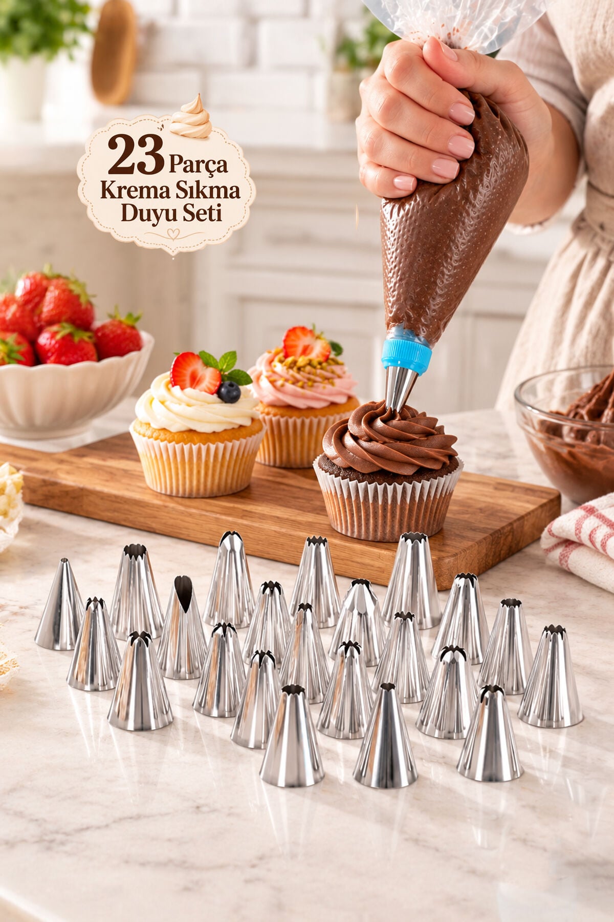 Porsima 05808 23 Parça Paslanmaz Çelik Krema Sıkma Duy Seti - Pasta, Cupcake, Tulumba Tatlısı Süsleme Uçları ve Adaptör