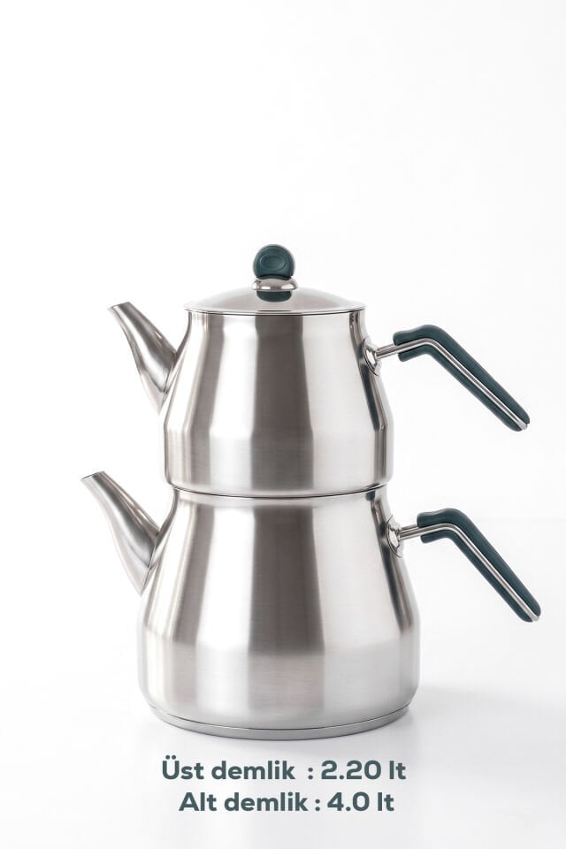 Porsima 1027-2 Prizma Bakalit Metal Kulp Mega Boy Paslanmaz Çelik Çaydanlık Takımı Yeşil - 2,20-4 Lt