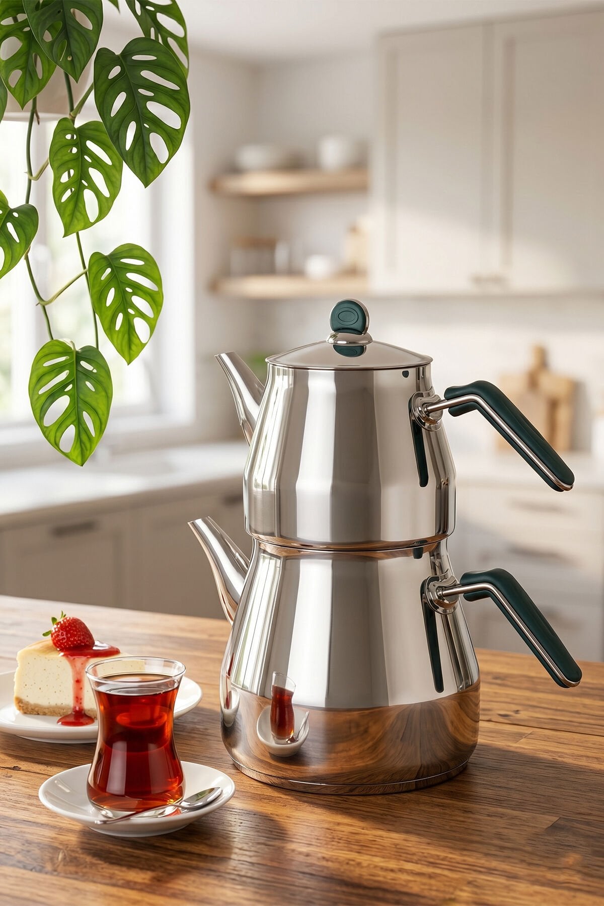 Porsima 1027-2 Prizma Bakalit Metal Kulp Mega Boy Paslanmaz Çelik Çaydanlık Takımı Yeşil - 2,20-4 Lt