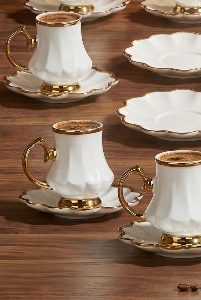Porsima A-500 İnci 6 Kişilik Porselen Altın Yaldızlı Fincan Seti 12 Parça Türk Kahvesi Fincanı Takımı-90ml